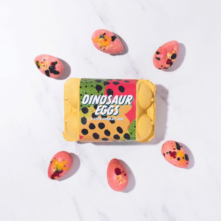 Chocolate dinosaur eggs speckled with vibrant pre-historic guck